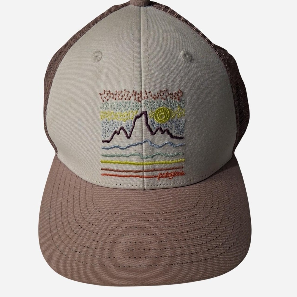 Mens Womens Patagonia embroidered trucker cap with embroidered mountain scene
